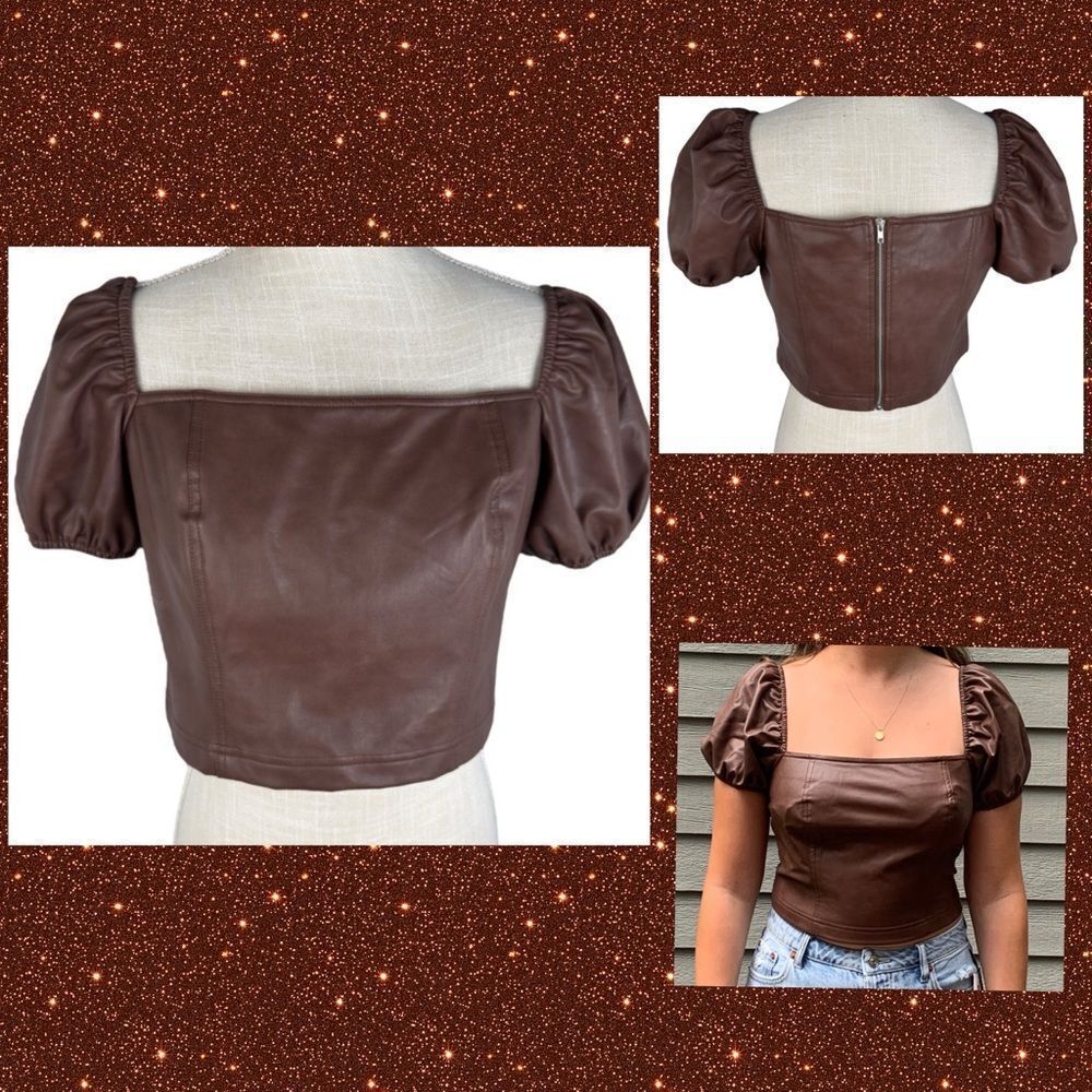 7 For All Mankind 7FAMK Brown Faux Leather Puff Sleeve Crop Top